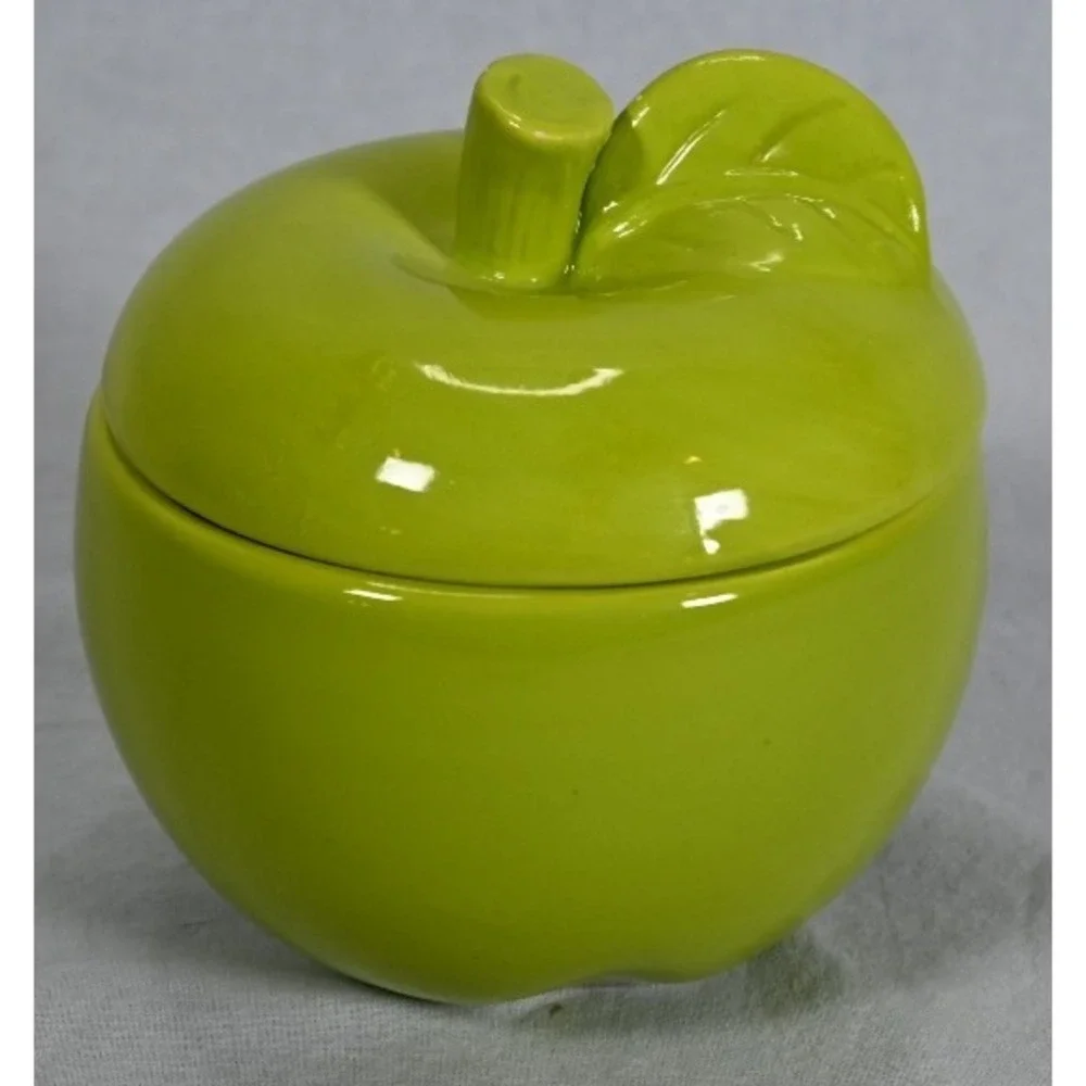 Green Apple Shaped Ceramic Canister With Lid Kitchen Décor Storage Jar